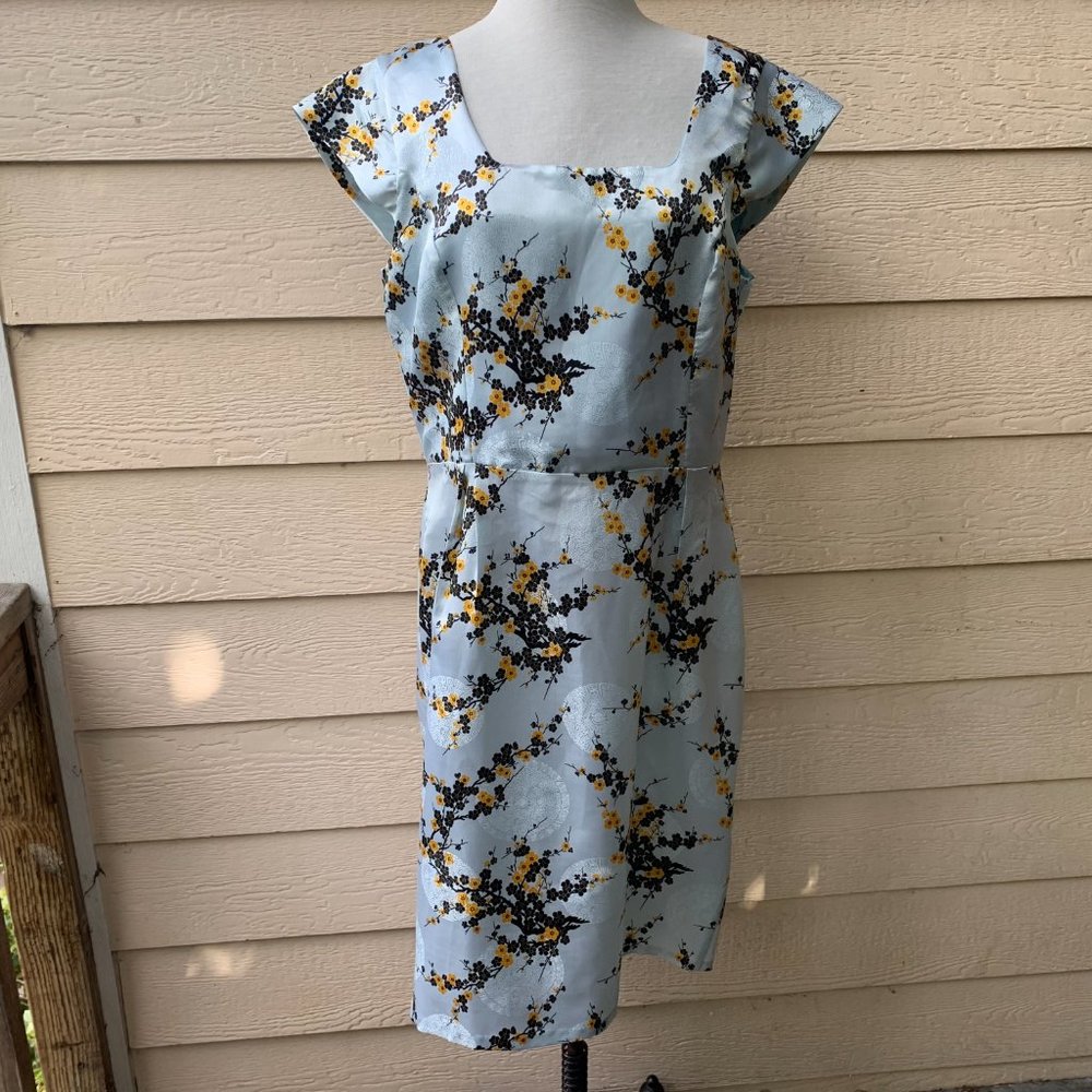 Asian Vintage Inspired Blue Sakura Satin Dress - Picture 2 of 3